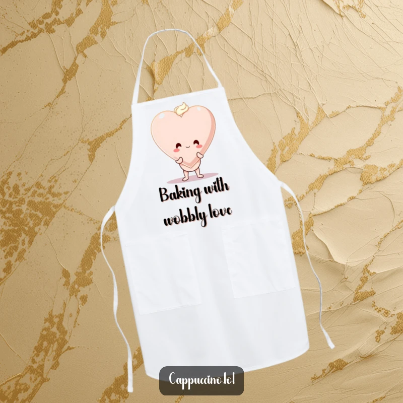 Funny apron featuring a wobbly cappuccino cup character balancing a giant foam heart, perfect for kitchen endeavors.
