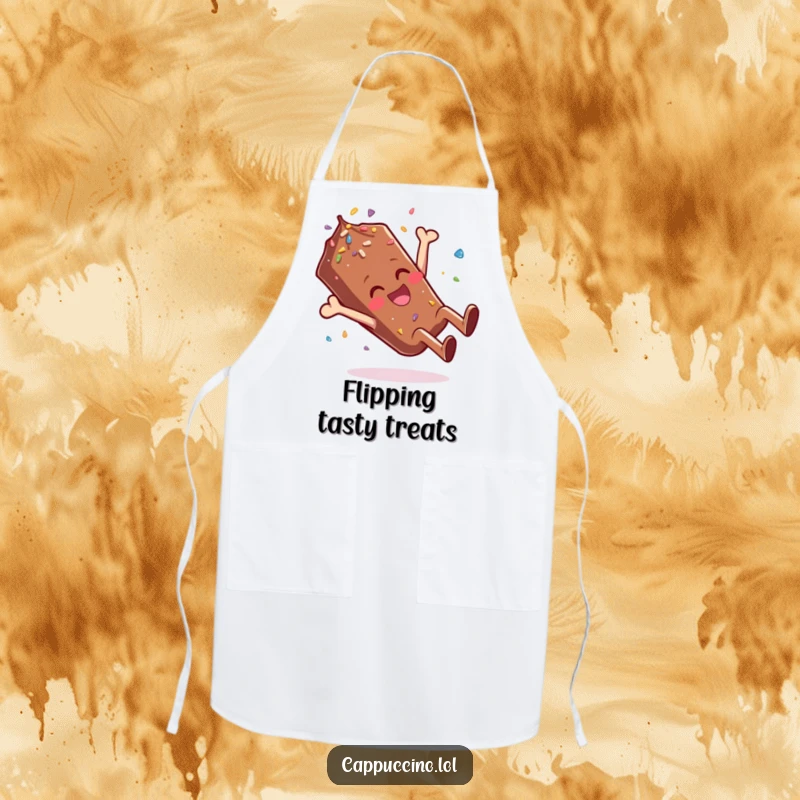 Funny Apron depicting a giggling chocolate sprinkle character doing a celebratory somersault, adding a playful touch to cooking.