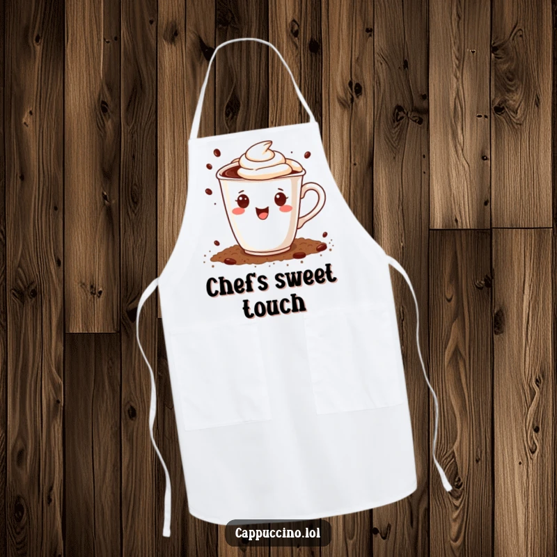 Funny chef apron with a smiling cappuccino cup character happily sprinkling cocoa powder while baking, adding a sweet touch.