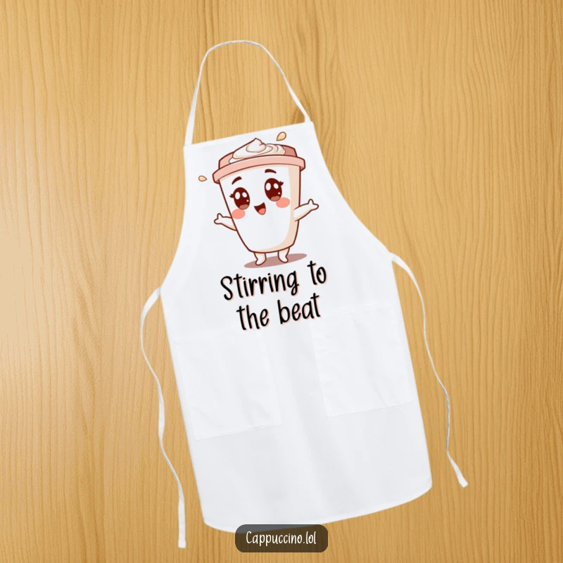 Funny chef apron with a smiling cappuccino cup character doing a lively shimmy while cooking, adding fun to the kitchen.