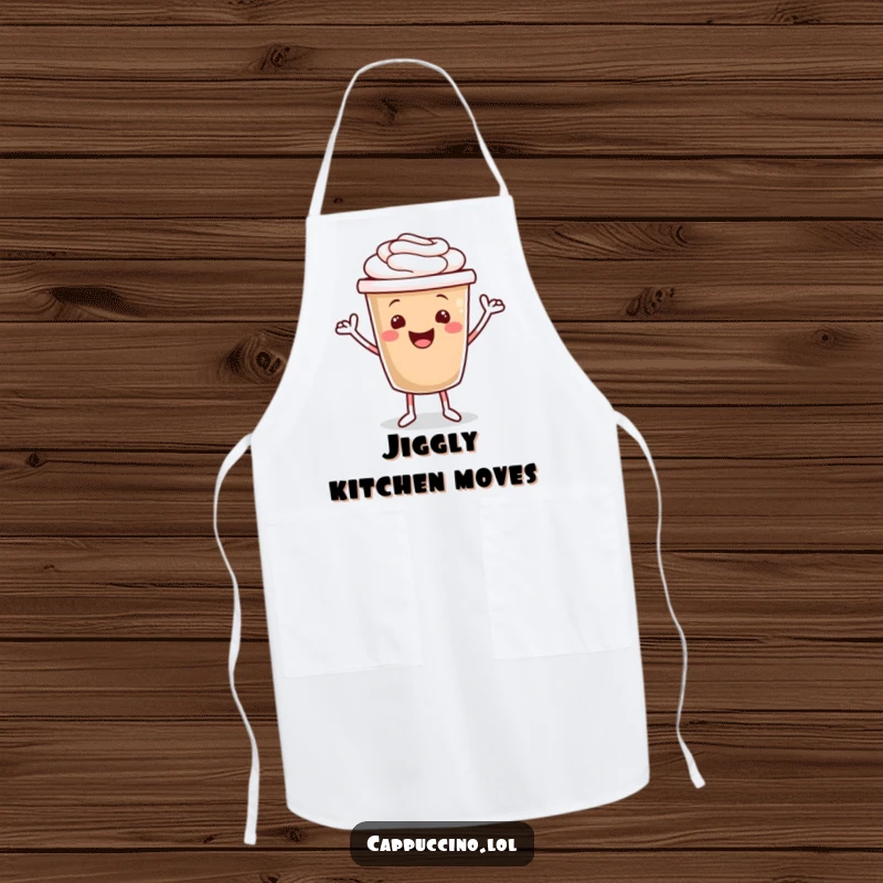 Funny kitchen apron depicting a happy cappuccino cup character with little arms doing a lively jig while cooking.
