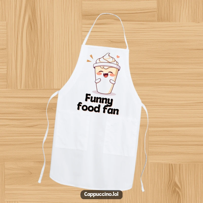 Funny apron with a cappuccino cup character laughing heartily and shaking its lid, perfect for kitchen fun.