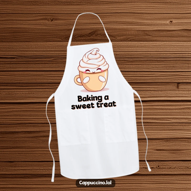 Funny winking cappuccino cup character offering a treat on a humorous and functional apron.