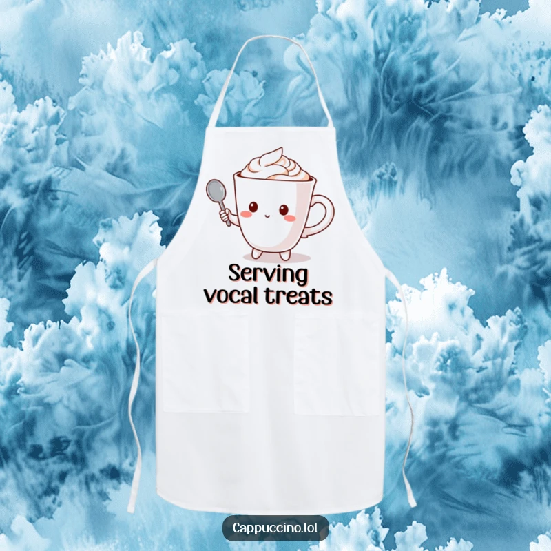Funny apron with a cappuccino cup character holding a tiny spoon like a microphone, ready for kitchen tunes.