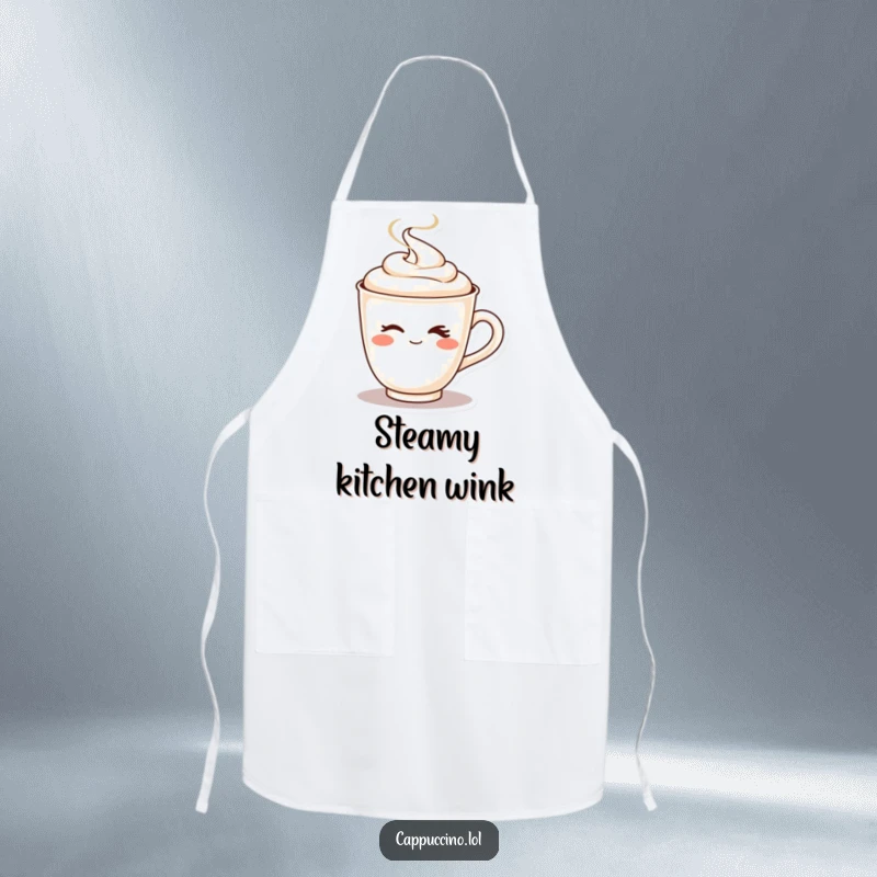 Funny kitchen apron showing a playful cappuccino cup character winking as steam playfully shoots up.
