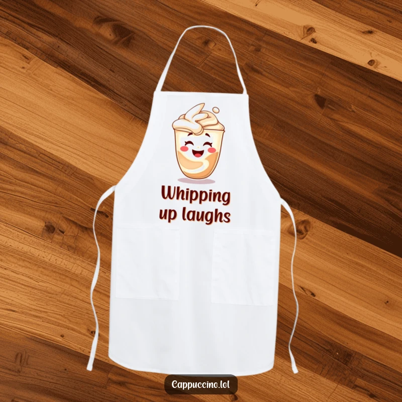 Funny cappuccino art apron, character morphing into a laughing face, kitchen fun, perfect humorous cooking gift.