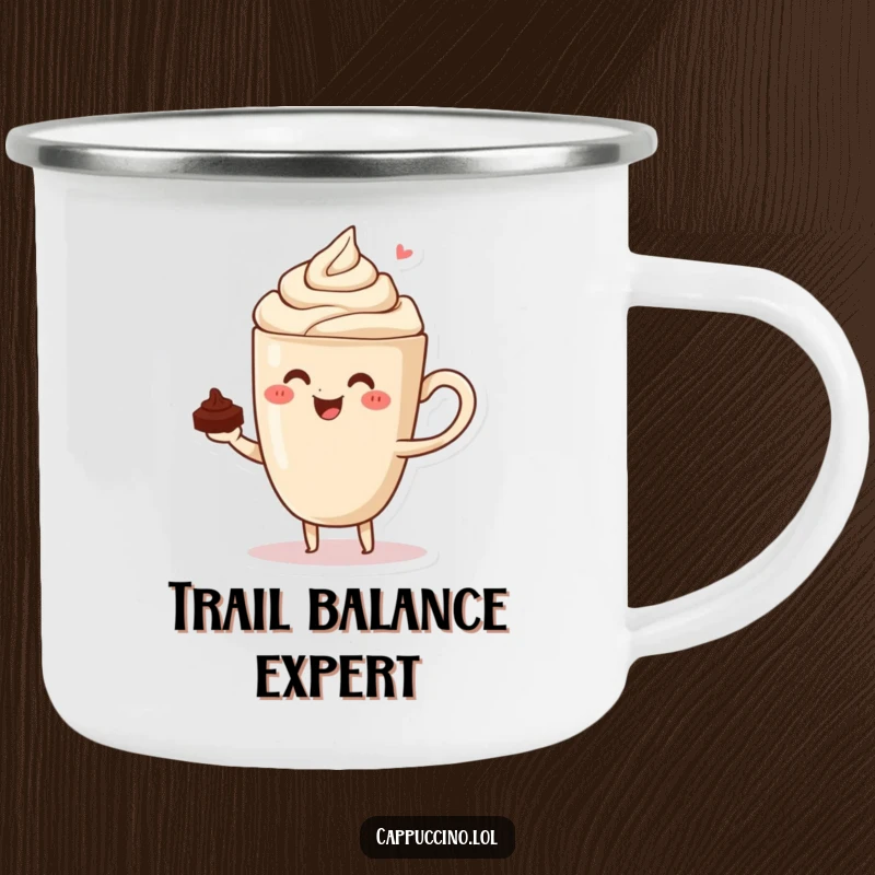 Funny enamel camping mug with a focused cappuccino cup character skillfully balancing a tiny chocolate shaving.