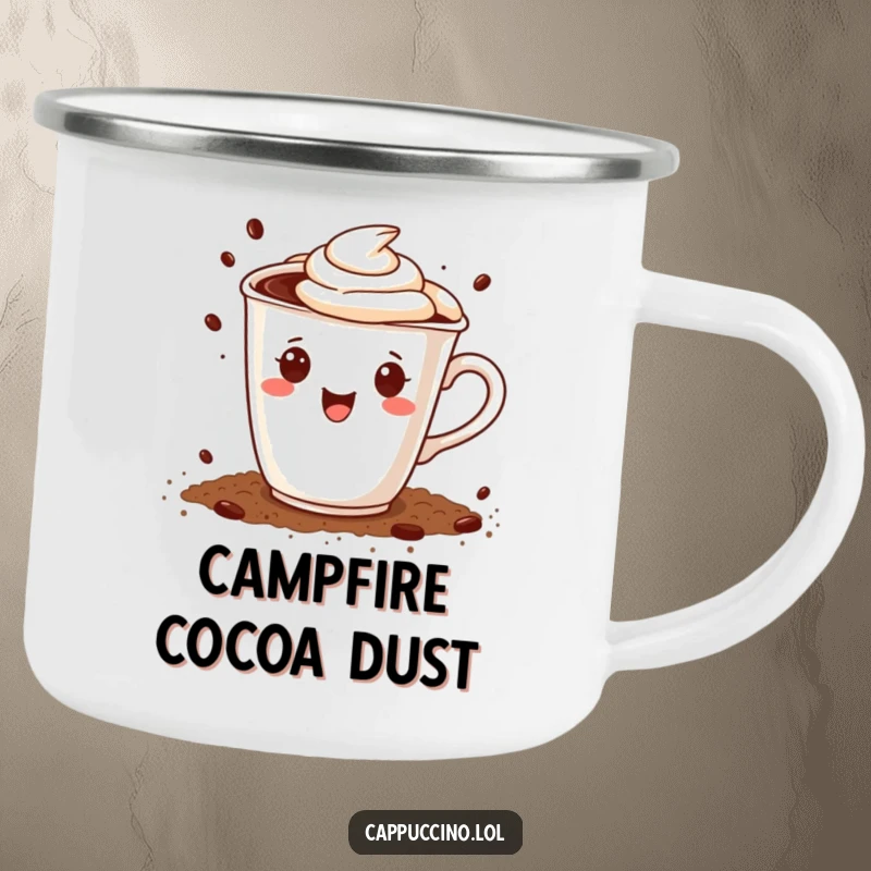 Funny enamel camping mug with a joyful cappuccino cup character happily sprinkling cocoa powder, perfect for cozy outdoor moments.