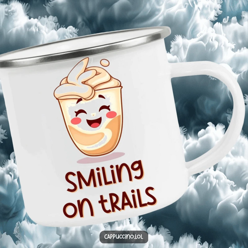 Funny cappuccino swirl camping mug, character morphing into a laughing face, durable outdoor cup, great for humor lovers.