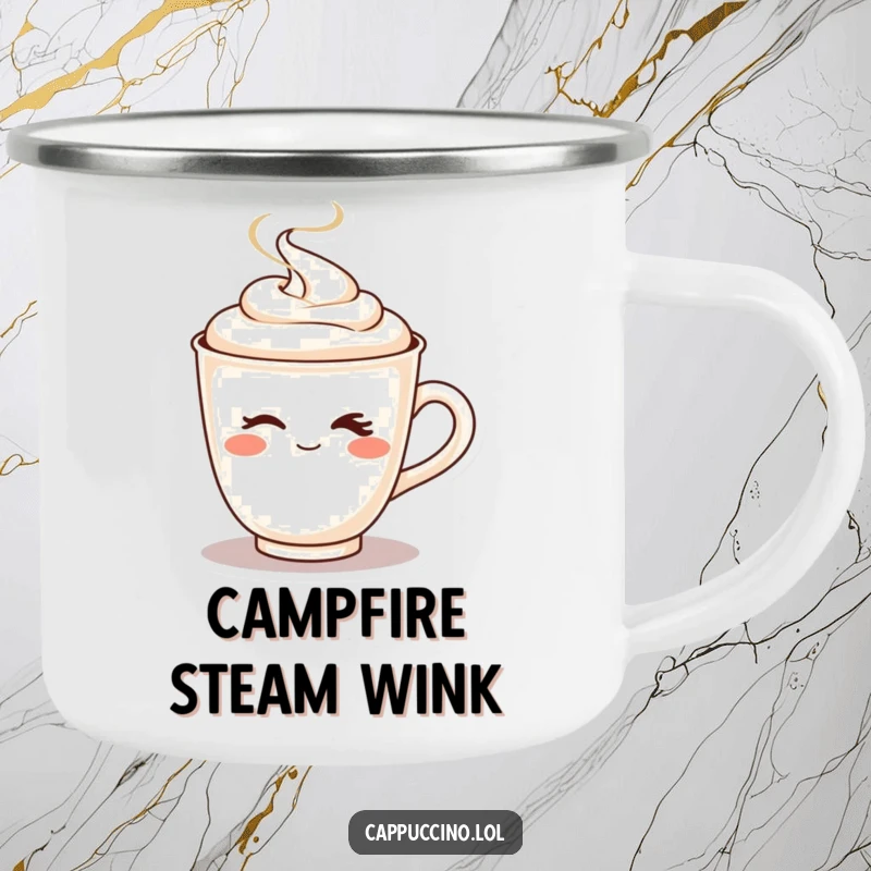 Funny enamel camping mug with a cheeky cappuccino cup character winking playfully as steam shoots up.