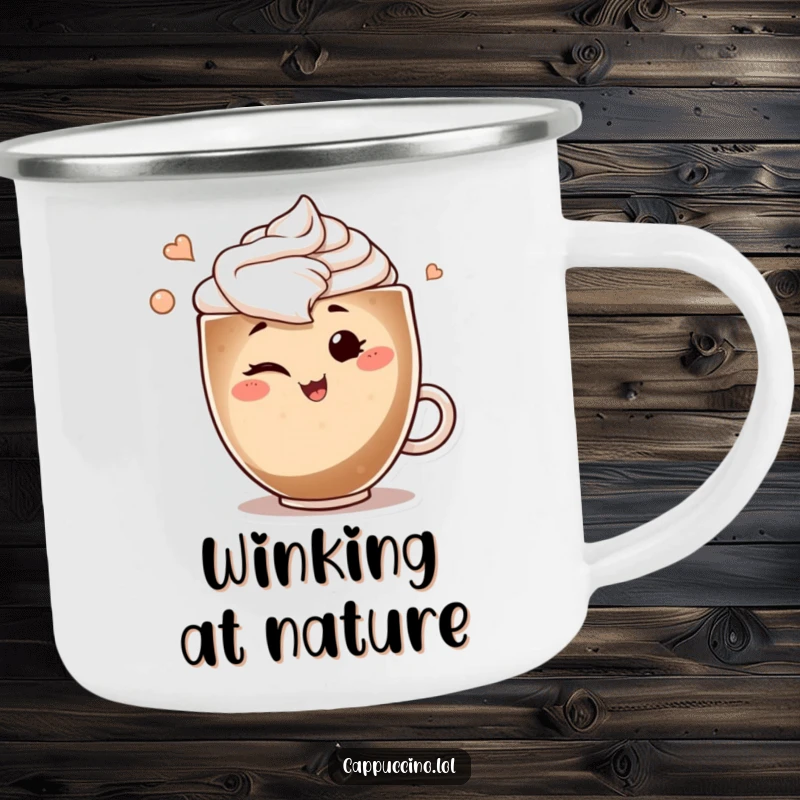 Funny camping mug with a smiling cappuccino art swirl character winking playfully, perfect for outdoor enjoyment.