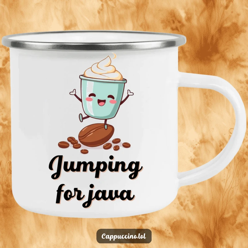 Funny enamel camping mug with a joyful cappuccino cup character jumping over coffee beans, perfect for outdoor adventures.