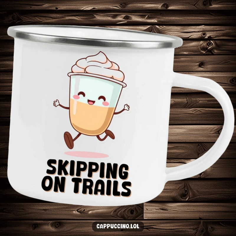 Funny camping mug with a cheerful cappuccino cup character with legs doing a silly little skip, perfect for outdoor fun.