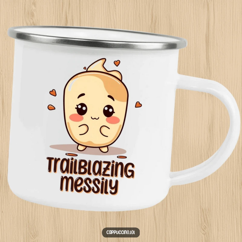 Funny espresso stain camping mug, playful character making silly faces, durable outdoor cup, great for coffee humor.