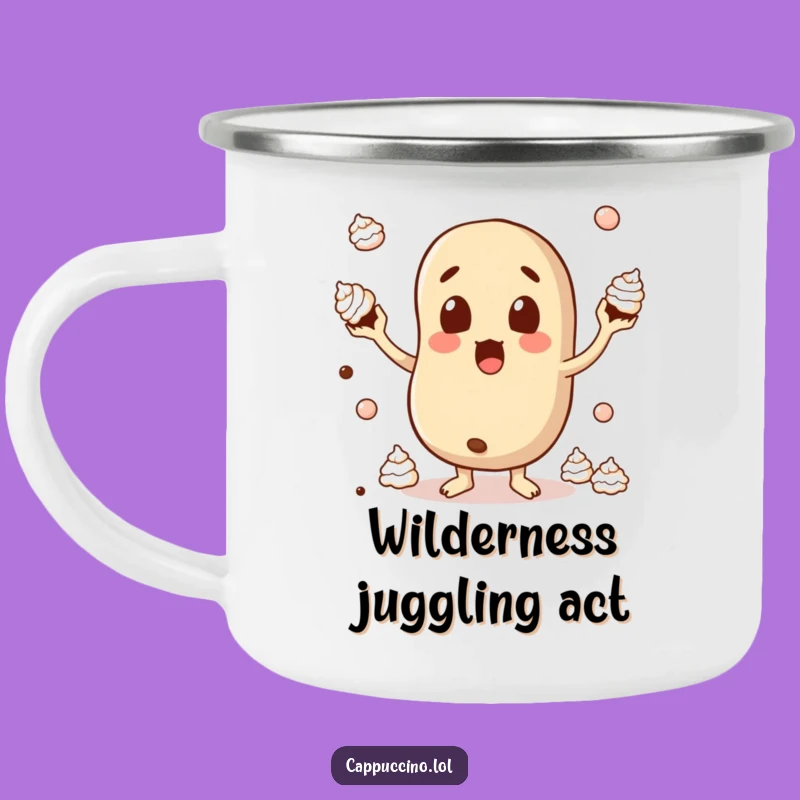 Funny Surprised Bean Camping Mug: Juggling Cream Coffee Character - Outdoor Gift
