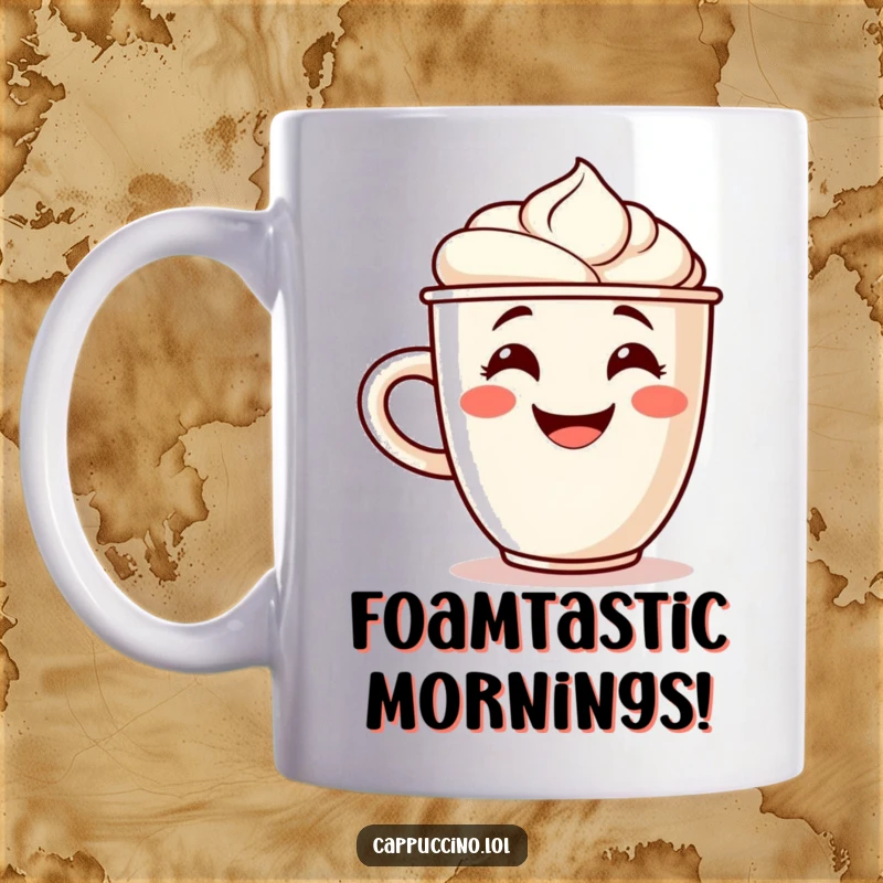 Funny cappuccino cup mug with a grinning character and foamy swirl cheering, symbolizing joy and a great start to the day.