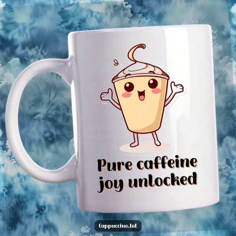 Funny mug of a cheerful cappuccino cup character doing a celebratory jig with its arms, bringing joy and energy to your morning.