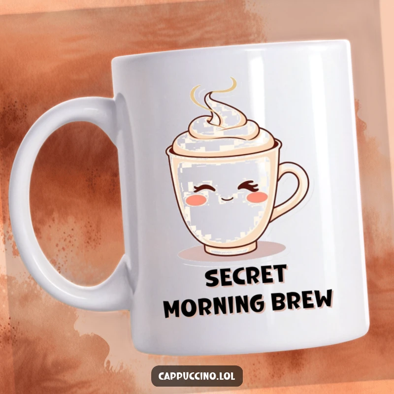 Funny coffee mug with a playful cappuccino cup character winking mischievously as hot steam energetically shoots upwards.