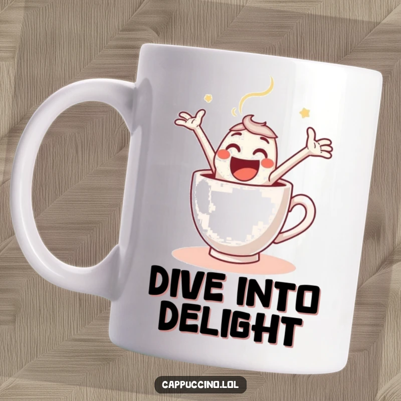 Funny Mug showing a joyful espresso shot character mid-leap into a steaming cup, exuding pure coffee excitement.