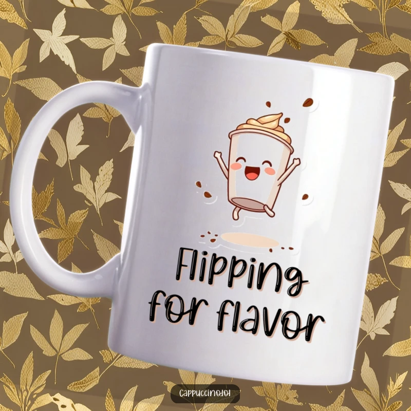 Funny Mug: Delighted cappuccino cup character performing a playful somersault, with coffee powder flying, a dynamic coffee break.