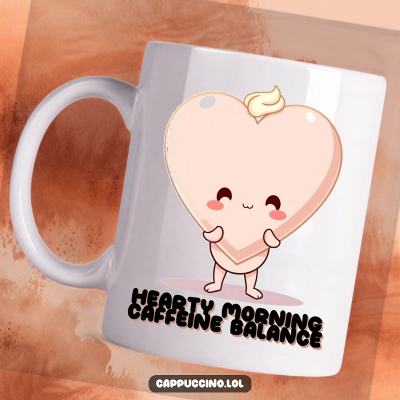 Funny mug of a wobbly cappuccino cup character struggling to balance a giant foam heart, conveying adorable clumsiness.
