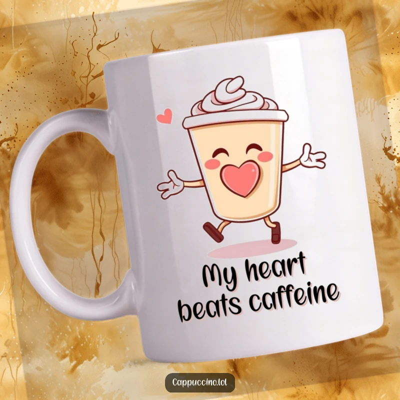 Funny Mug: Cheerful cappuccino cup character with a foam heart, energetically doing jumping jacks, spreading morning cheer.