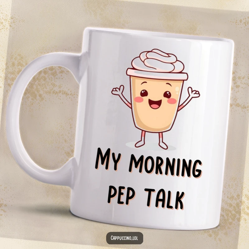 Funny coffee mug featuring a cheerful cappuccino cup character with tiny arms joyfully dancing and jigging with delight.