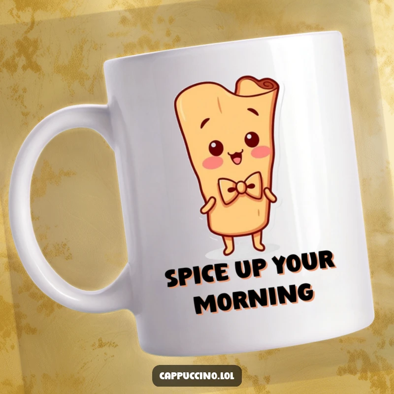 Funny Mug features a silly cinnamon stick character sporting a tiny bowtie and enthusiastically wiggling.