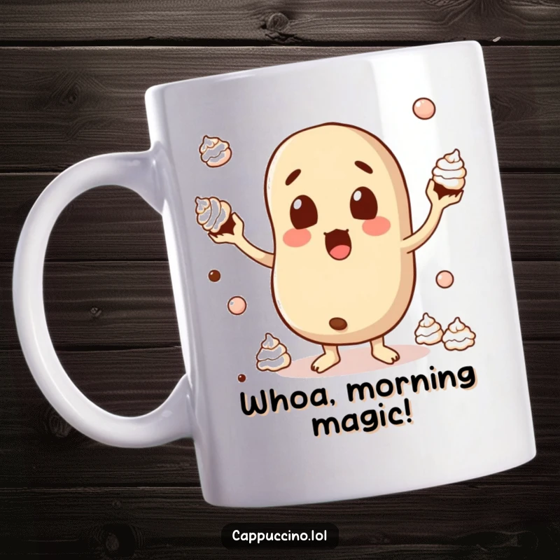 Funny Mug featuring a surprised coffee bean character comically juggling tiny dollops of whipped cream.