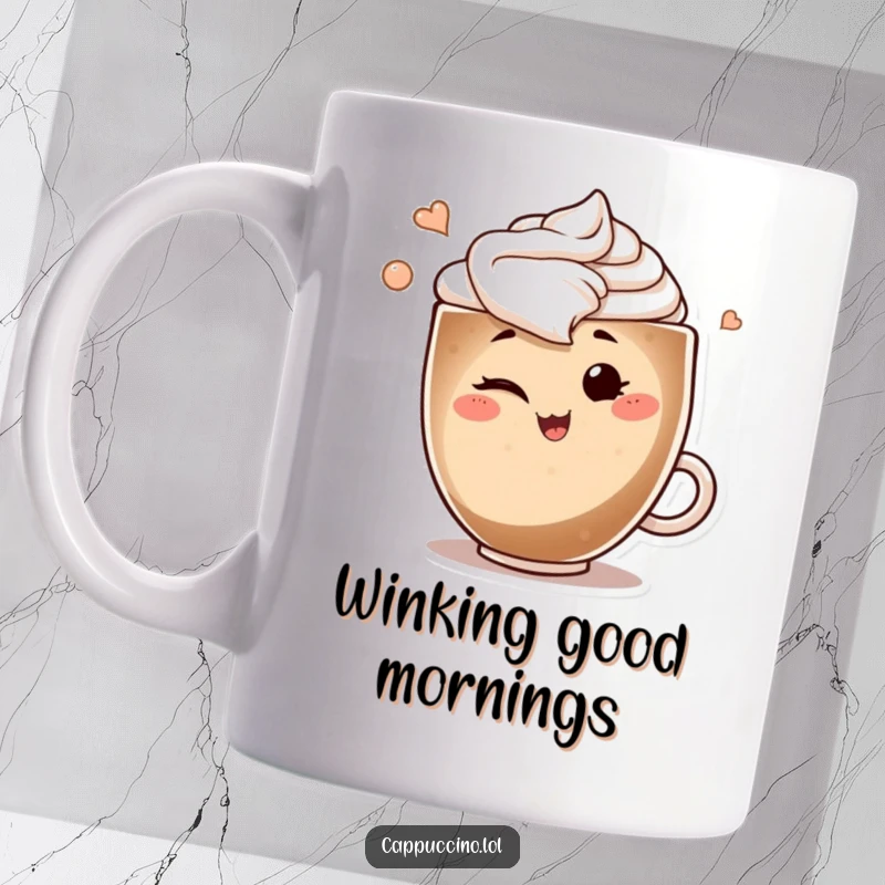 Funny mug of a smiling cappuccino art swirl character winking playfully, conveying a cheeky and inviting vibe.