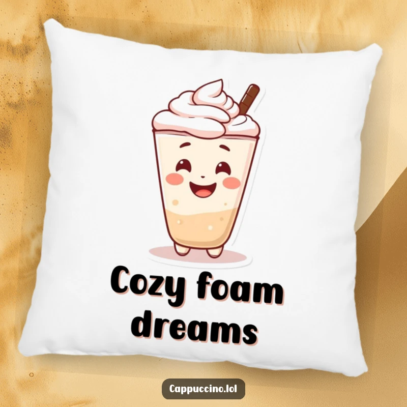 Funny decorative pillow featuring a cheerful cappuccino foam character smiling warmly. Soft and comforting.
