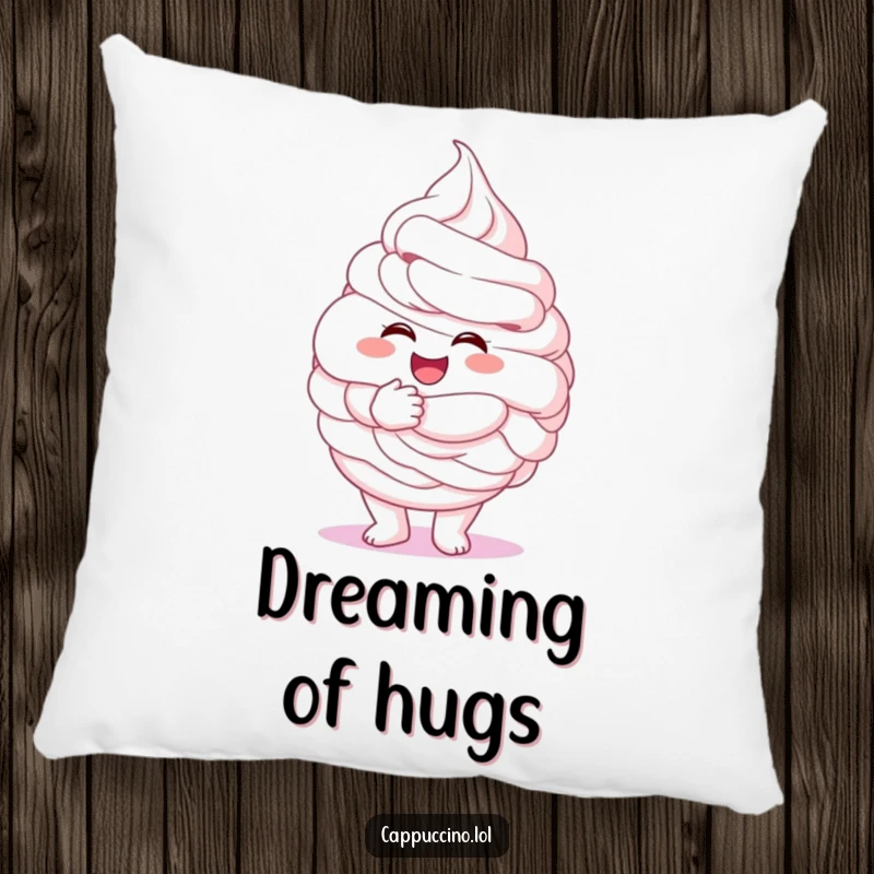Funny whipped cream pillow, excited character giving a giant fluffy hug, plush and comforting, delightful funny gift.