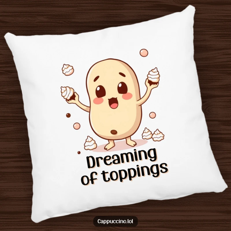 Funny Pillow featuring a wide-eyed coffee bean character comically juggling whipped cream dollops, offering comfort and humor.