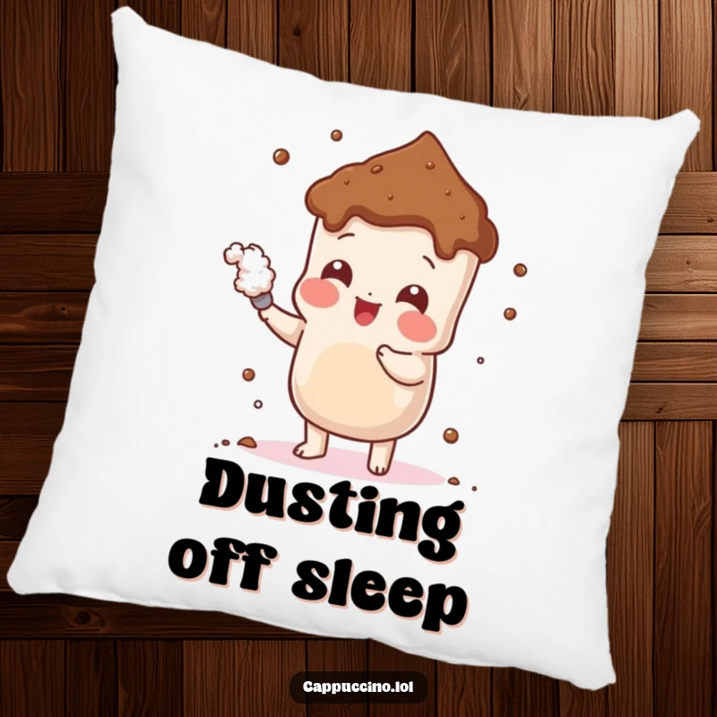Funny Cheerful Cocoa Pillow with a playful cocoa powder character dusting itself, adding cozy sweetness and cheerful comfort to any space.