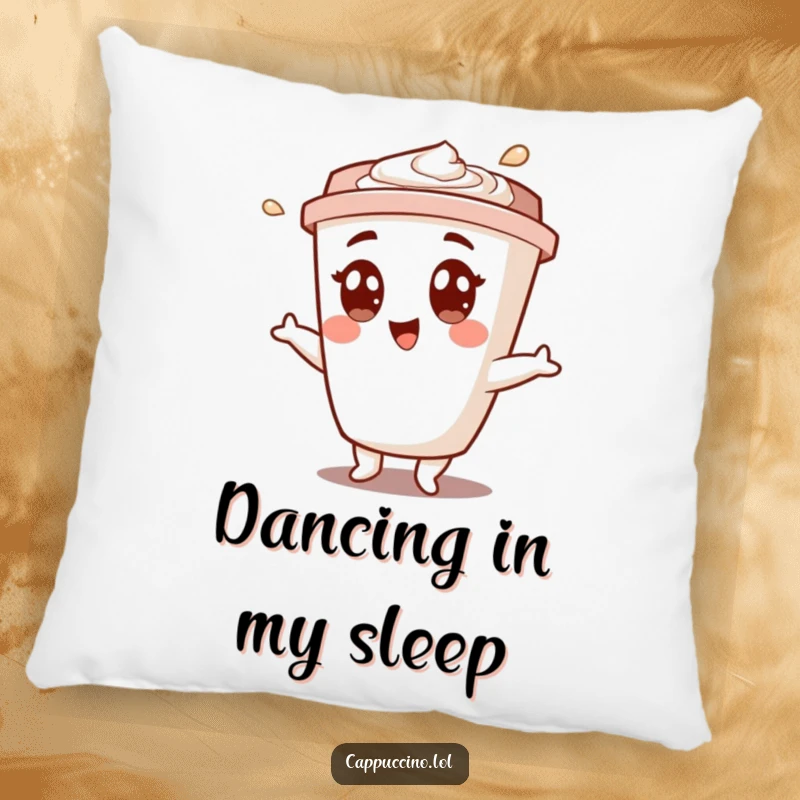 Funny pillow featuring a happy cappuccino cup character performing a cheerful shimmy, bringing comfort and a touch of dance.