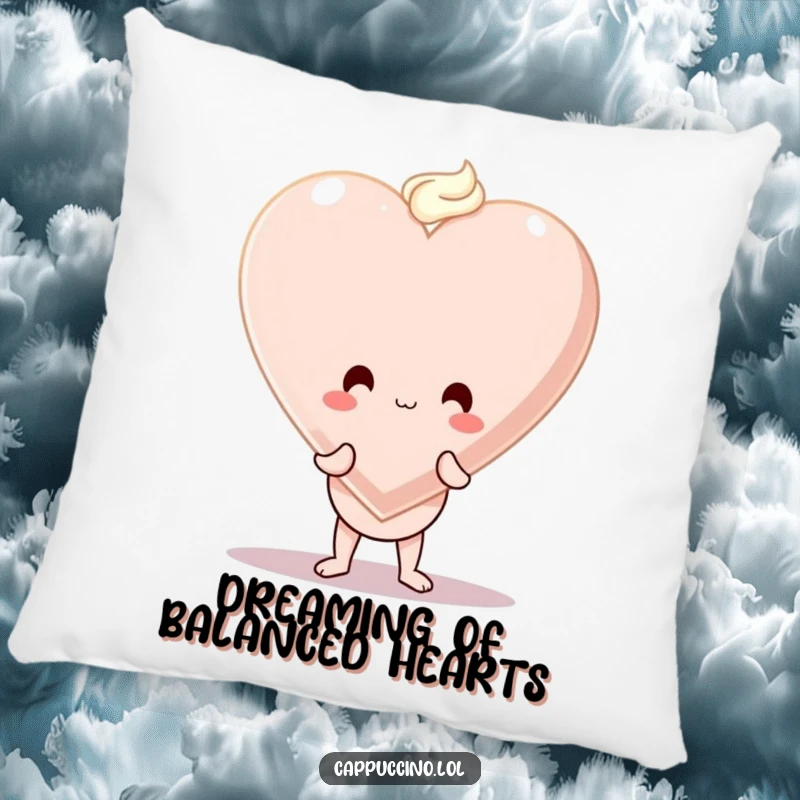 Funny pillow with a wobbly cappuccino cup character balancing a giant foam heart, adding comfort and love to any room.