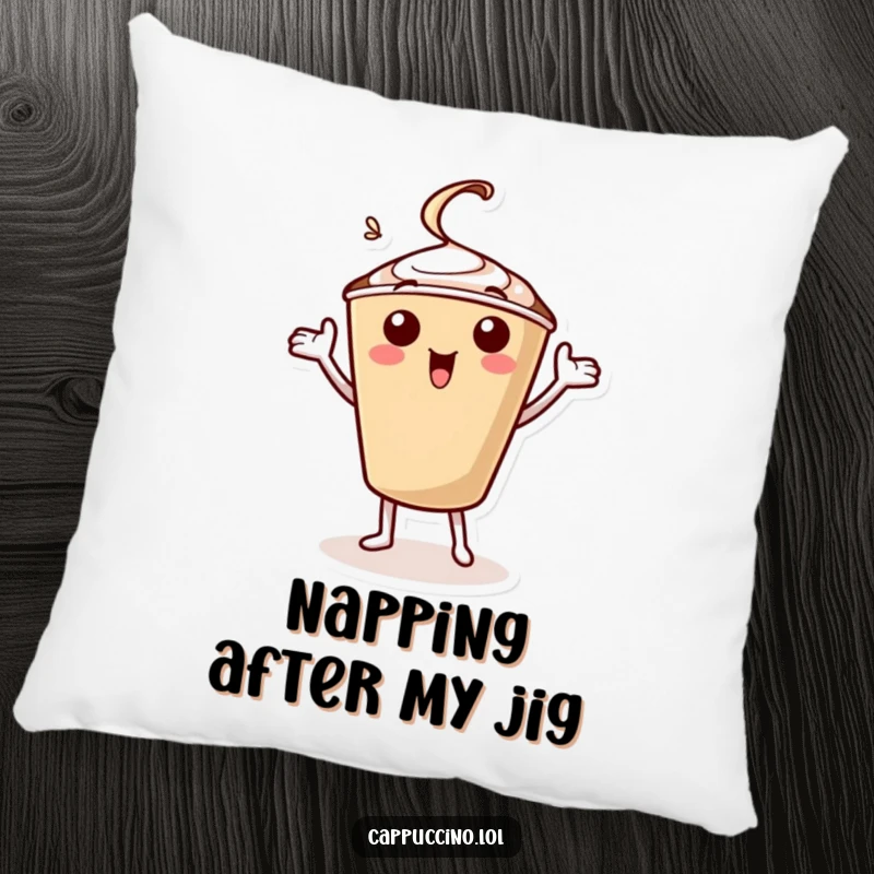 Funny pillow featuring a happy cappuccino cup character doing a vibrant celebratory jig with its arms, adding cheer to any sofa.