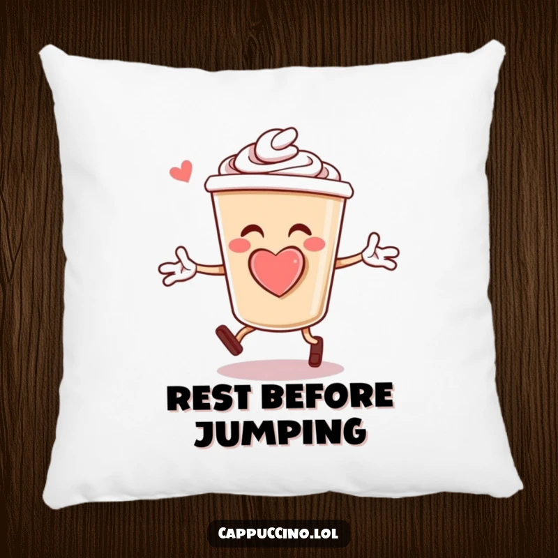 Funny Pillow: Cheerful cappuccino cup character with a foam heart, joyfully doing jumping jacks, a cozy and humorous addition.