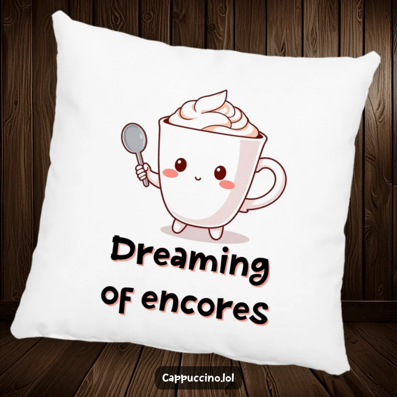 Funny pillow showing a cappuccino cup character holding a tiny spoon like a microphone, perfect for comfort.
