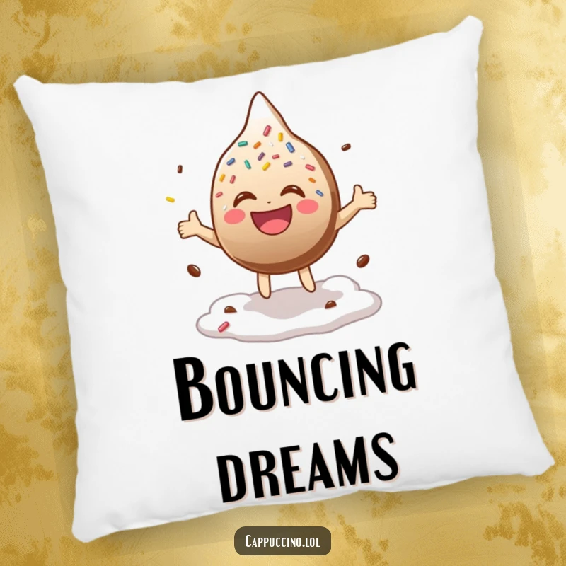 Funny Pillow showing a laughing chocolate sprinkle character in a bouncy pose on coffee foam, offering comfort and amusement.