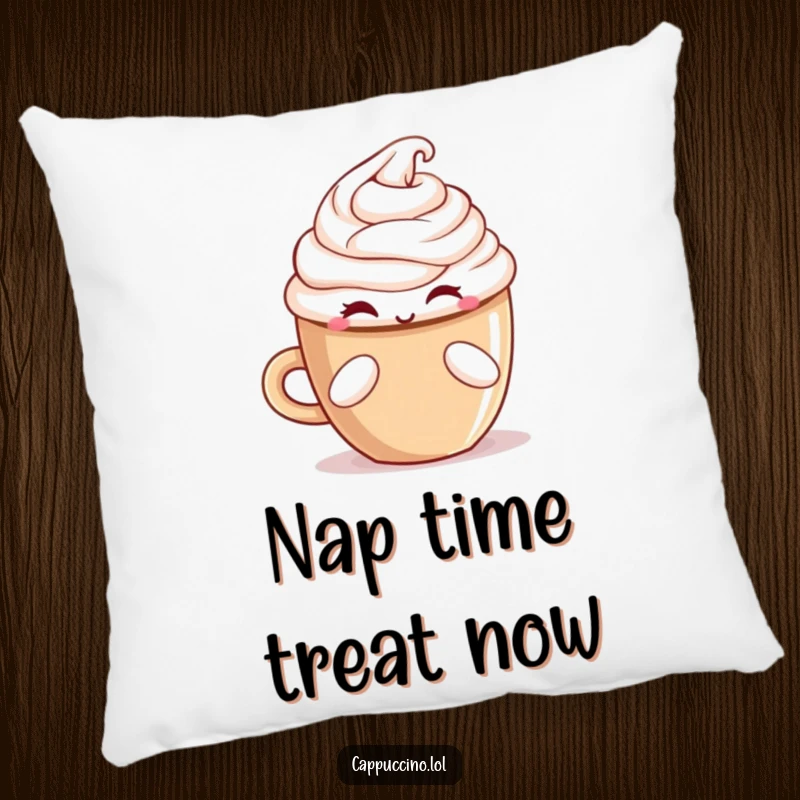 Funny winking cappuccino cup character offering a treat, printed on a soft and decorative pillow.