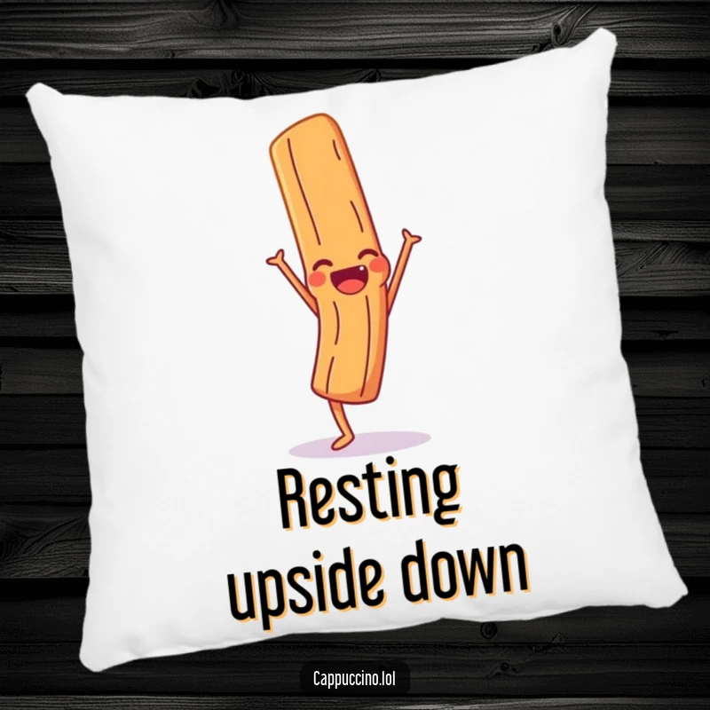Funny Pillow showcasing a giggling cinnamon stick character in a handstand pose, offering comfort and amusement.