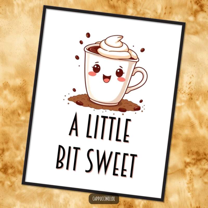 Funny digital art print of a cheerful cappuccino cup character happily sprinkling cocoa powder, perfect for instant sweet decor.