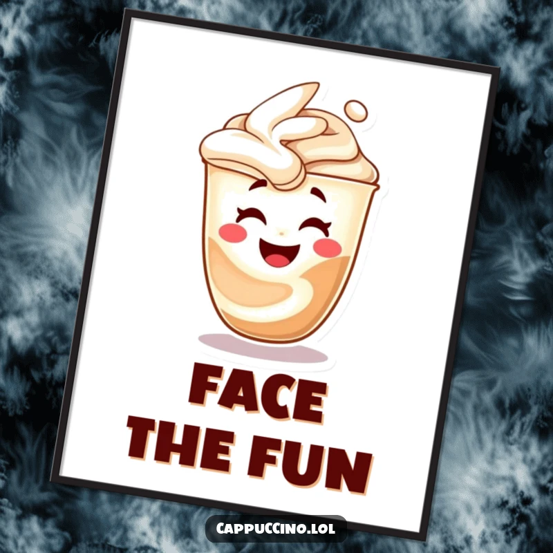 Funny cappuccino swirl digital art print, character morphing into a laughing face, instant wall decor, humorous and cheerful.