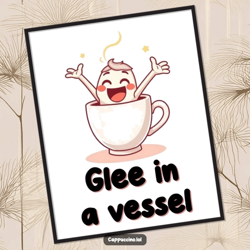 Funny Digital Art Print of a jubilant espresso shot character gleefully leaping into a steaming coffee cup, full of life.