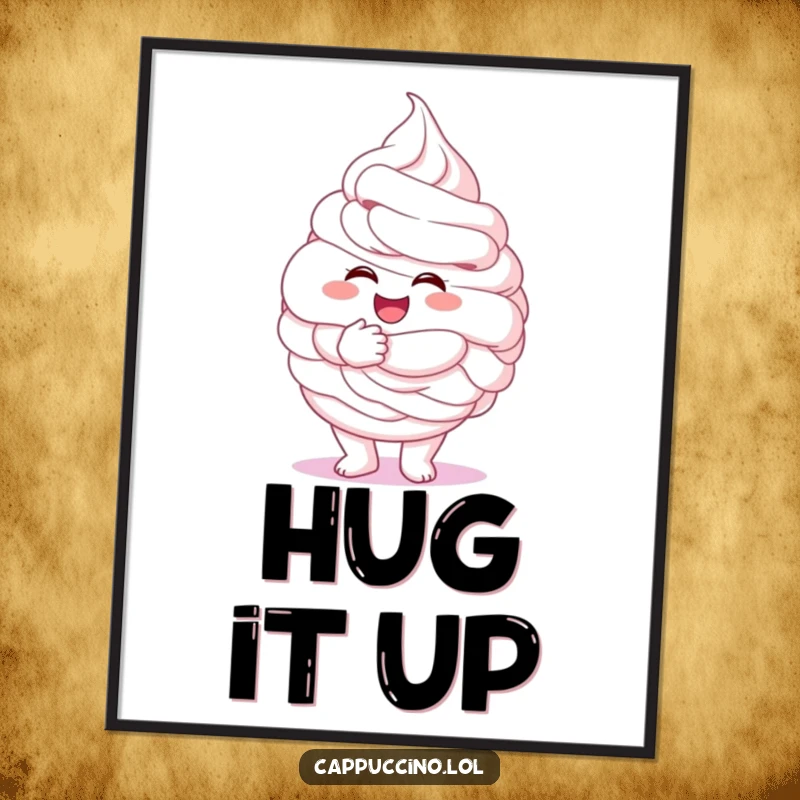 Funny whipped cream digital art print, excited character giving a giant fluffy hug, instant wall decor, sweet and cheerful.