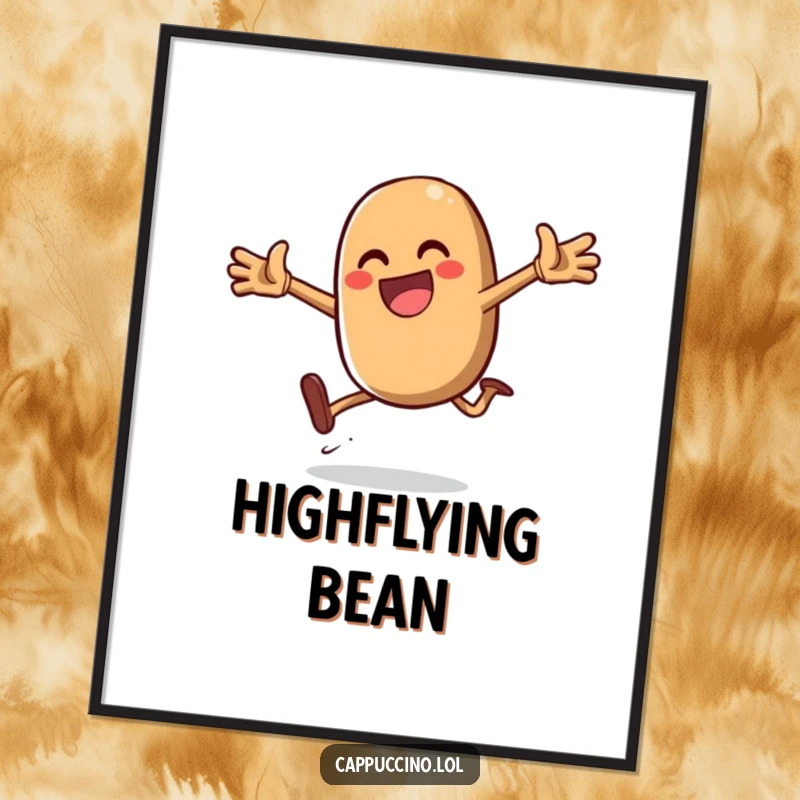 Funny Daring Jump Bean Digital Art Print of a gleeful coffee bean character mid-jump, ready to infuse any display with energetic fun.