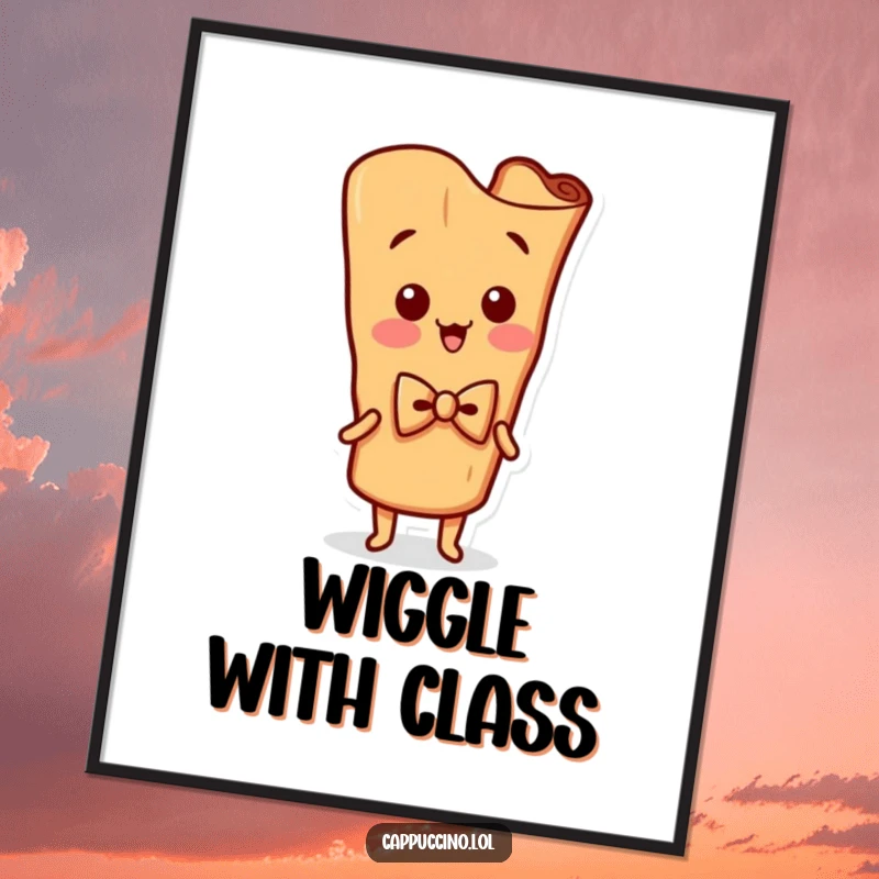 Funny Digital Art Print of a silly cinnamon stick character in a bowtie, wiggling with infectious energy, perfect for decor.