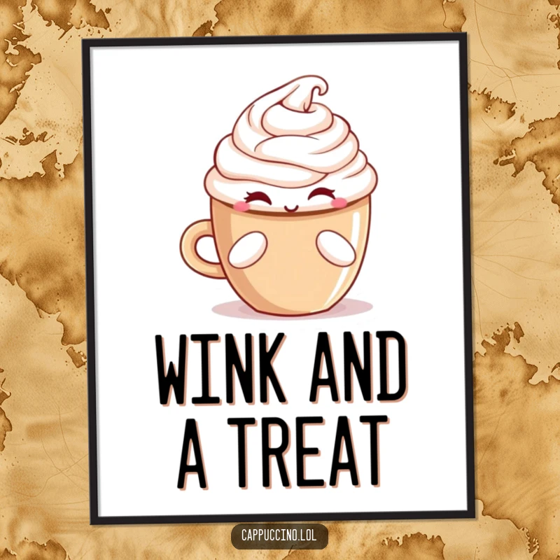 Funny winking cappuccino cup character offering a treat, available as a high-resolution digital art print.