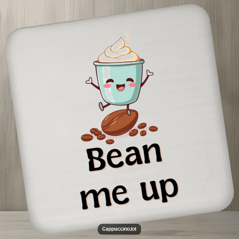 Funny drink coaster showcasing a happy cappuccino cup character jumping on coffee beans, adding a touch of whimsy to drinks.